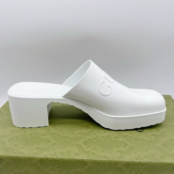 Gucci Logo Rubber Platform Heel Clogs Mules Slip On 725899 White Wms EU 39 US 9 - Picture 9 of 13